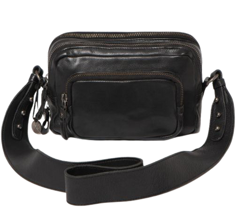 STITCH & HIDE WASHED LEATHER FITZROY CROSSBODY/SHOULDER BAG BLACK - FREE WALLET POUCH
