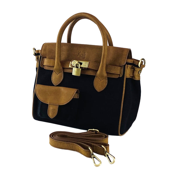 K0042ACB | Mini Canvas/Genuine Leather Handbag Made in Italy. Removable shoulder strap. Antique Brass metal snap hook attachments. Color: Black. Dimensions: 24 x 20 x 12 cm.-0