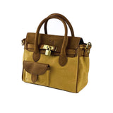 K0042BACB | Mini Canvas/Genuine Leather Handbag Made in Italy. Removable shoulder strap. Antique Brass metal snap hook attachments. Hazelnut color. Dimensions: 24 x 20 x 12 cm.-3