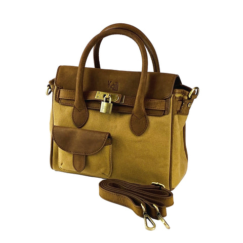 K0042BACB | Mini Canvas/Genuine Leather Handbag Made in Italy. Removable shoulder strap. Antique Brass metal snap hook attachments. Hazelnut color. Dimensions: 24 x 20 x 12 cm.-0