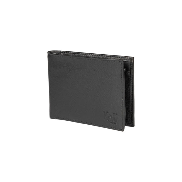 K11403AB | Men's wallet in genuine full-grain leather with a light grain. Black. Coin pocket. Closed dimensions: 12.5 x 9.3 x 1 cm. Packaging: Rigid gift box with bottom/lid-0