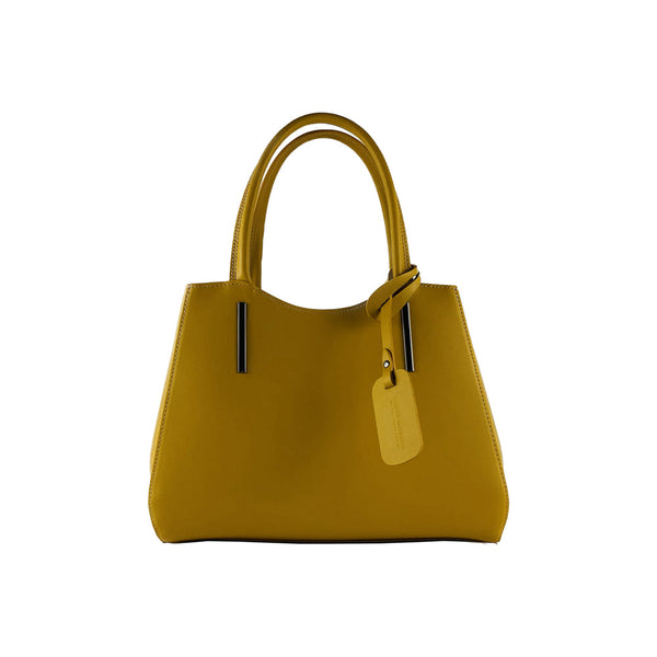 RB1004R | Genuine Leather Handbag Made in Italy with Removable Shoulder Strap and Metal Snap Hook Attachments - Gunmetal - Mustard Color - Dimensions: 33 x 25 x 15 cm + Handles 13 cm-0