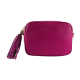 RB1007BE | Women's Genuine Leather Shoulder Bag Made in Italy. Removable shoulder strap. Polished Gold Metal Snap Hook Attachments - Fuchsia Color - Dimensions: 20 x 15 x 7 cm-1