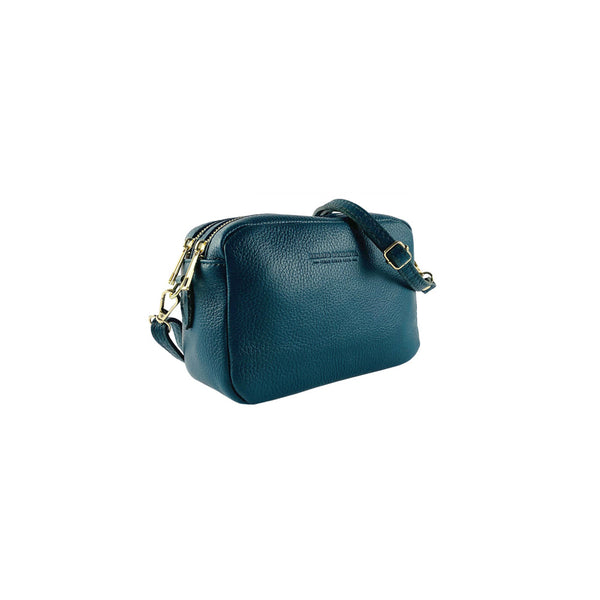 RB1008E | Women's Double Zip Crossbody Bag in Genuine Leather Made in Italy. Removable shoulder strap. Polished Gold Metal Snap Hook Attachments - Green Color - Dimensions: 20 x 15 x 9 cm-0