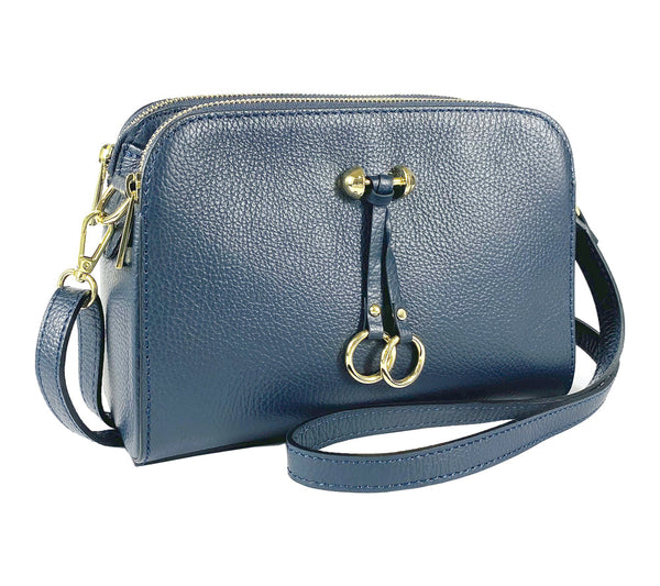 RB1011D | Women's Genuine Leather Crossbody Bag Made in Italy. Removable shoulder strap. Polished Gold metal snap hook attachments. Color: Blue. Dimensions: 25 x 17 x 10 cm.-0