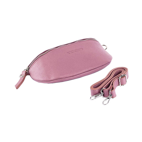 RB1015AZ | Fanny pack with removable shoulder strap in Genuine Leather Made in Italy. Polished Nickel metal snap hook attachments - Antique Pink color - Dimensions: 24 x 14 x 7-0