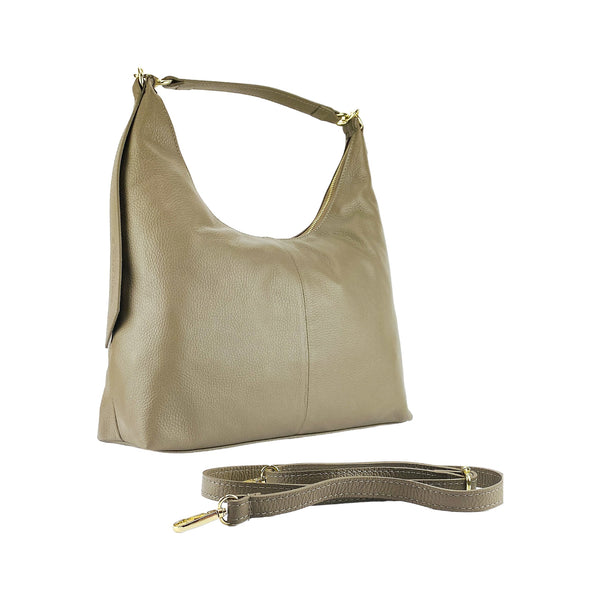RB1017AQ | Women's Soft Shoulder Bag in Genuine Leather Made in Italy with a single handle and removable shoulder strap. Attachments with shiny gold metal snap hooks - Taupe color - Dimensions: 36 x 40 x 13 cm-0