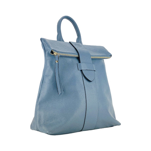 RB1021P | Women's Soft Backpack in Genuine Leather Made in Italy with Adjustable Shoulder Straps. Shiny Gold Metal Zipper and Accessories - Avio Color - Dimensions: 30 x 34 x 10.5 cm.-0