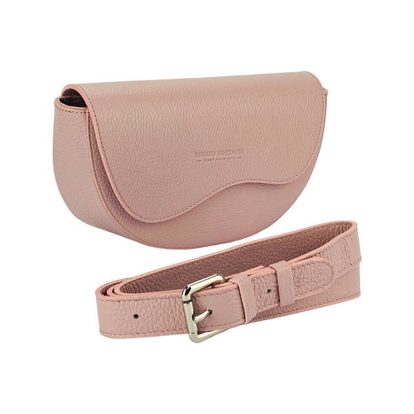 RB1027AZ | Women's Rounded Crossbody Bag in Genuine Leather Made in Italy. Removable and adjustable leather shoulder strap. Polished Nickel Accessories - Antique Pink Color - Dimensions: 25 x 15 x 9 cm-0