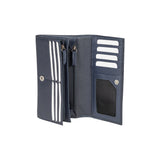 RB12129D | Women's wallet in genuine full grain leather, dollar/light grain. Blue color. RFID protection. Size when closed: 18.5 x 10 x 3 cm. Packaging: gift box bottom/cover-1