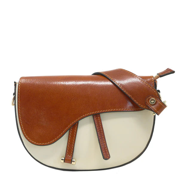 Floto Leather Cavalla Shoulder Crossbody Saddle Bag Ivory Brown