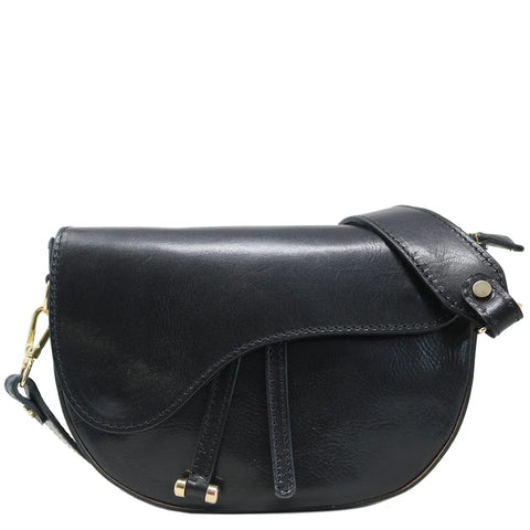 Floto Leather Cavalla Shoulder Crossbody Saddle Bag Black