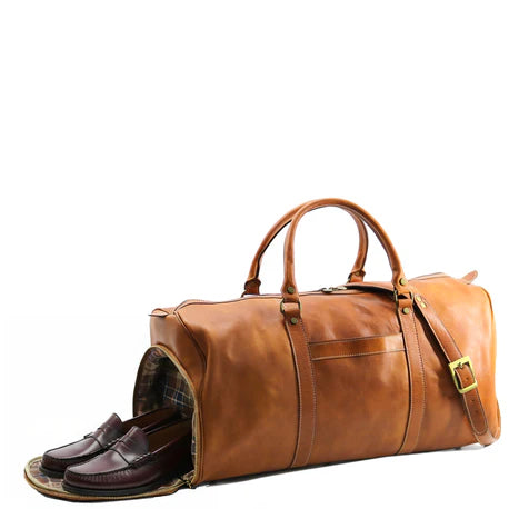 Floto Leather Lugano Weekender with Shoe Compartment Olive Honey Brown