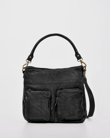 COBB & CO Morley Washed Leather Hobo w/ Crossbody Strap Black