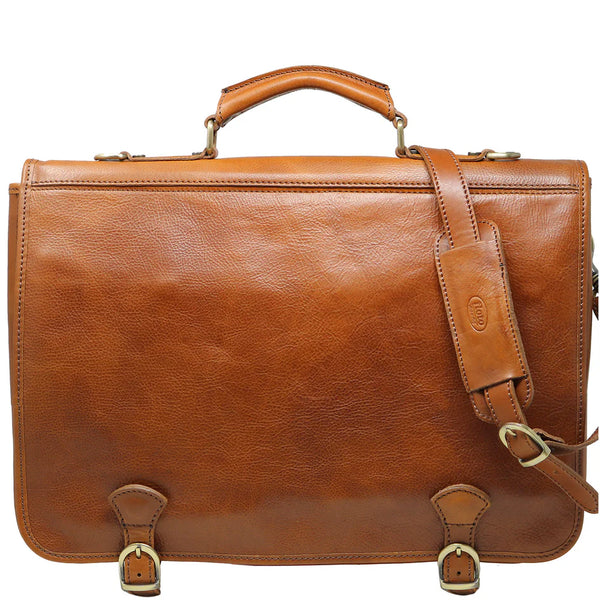 Floto Leather Piazza Messenger Briefcase Tobacco Brown