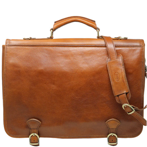 Floto Leather Piazza Messenger Briefcase Tobacco Brown