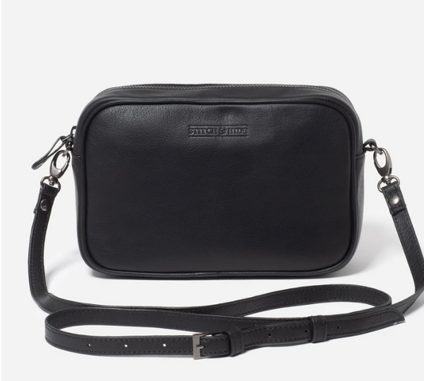STITCH & HIDE WASHED LEATHER TAYLOR CROSSBODY BAG - BLACK - FREE KEYRING