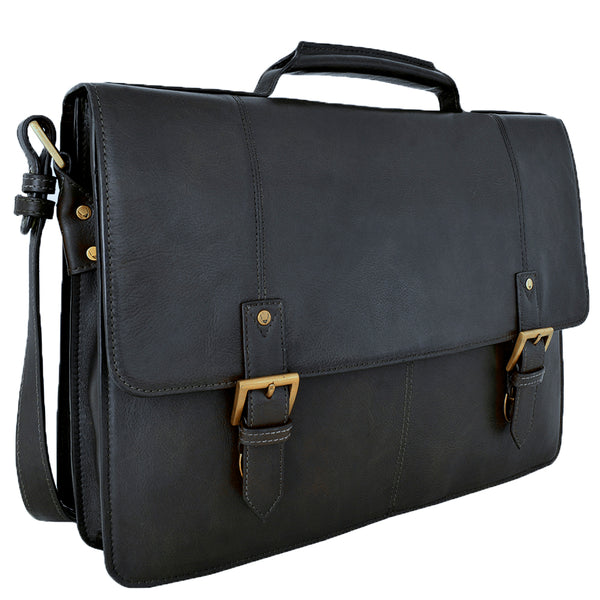 Hidesign Charles Large Double Gusset Leather 17" Laptop Compatible Briefcase Work Bag Black